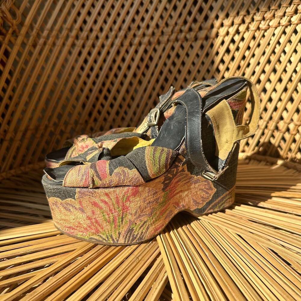 Goody Two Shoes Vintage 70s Floral Textile Wooden Platform Heels